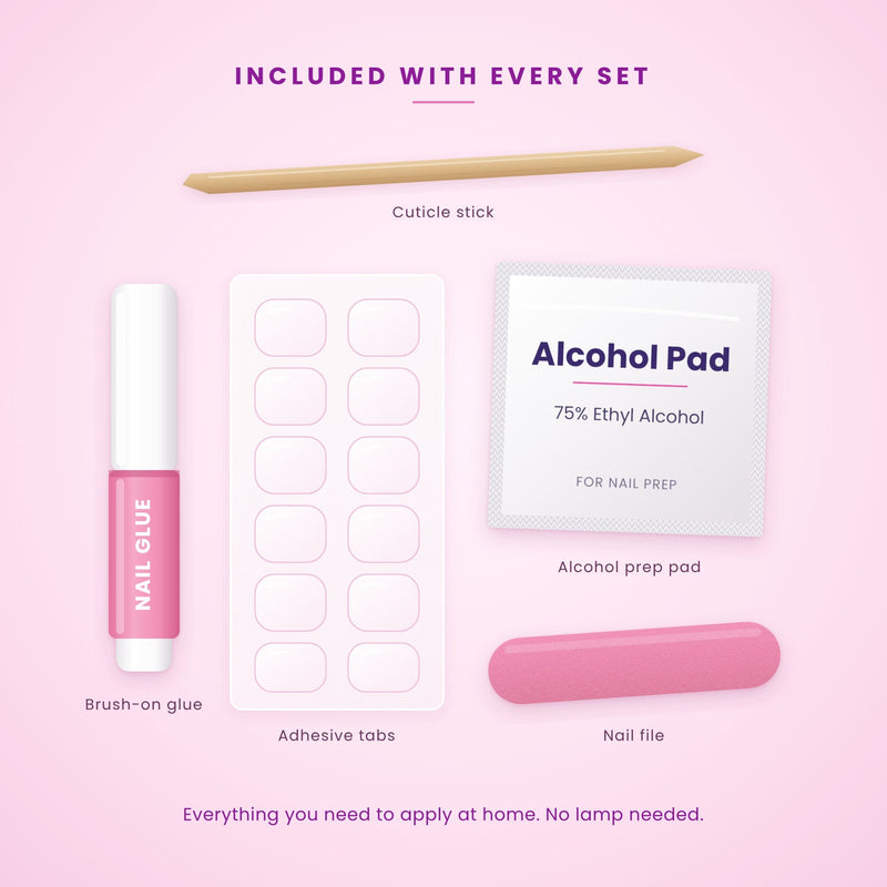 Included with every Aurelle press on nail set: brush-on nail glue, adhesive tabs, cuticle stick, alcohol prep pad and nail file