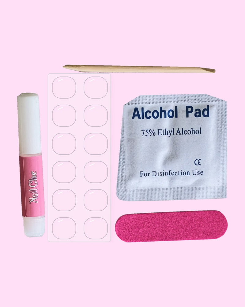 What's included with every Aurelle Beauty press on nail set: nail glue, adhesive tabs, cuticle stick, alcohol pad and nail file