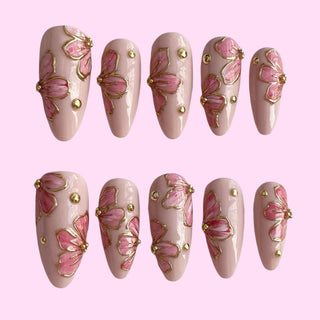 Golden Sakura press on nails - Aurelle Beauty