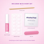 Included with every Aurelle press on nail set: brush-on nail glue, adhesive tabs, cuticle stick, alcohol prep pad and nail file